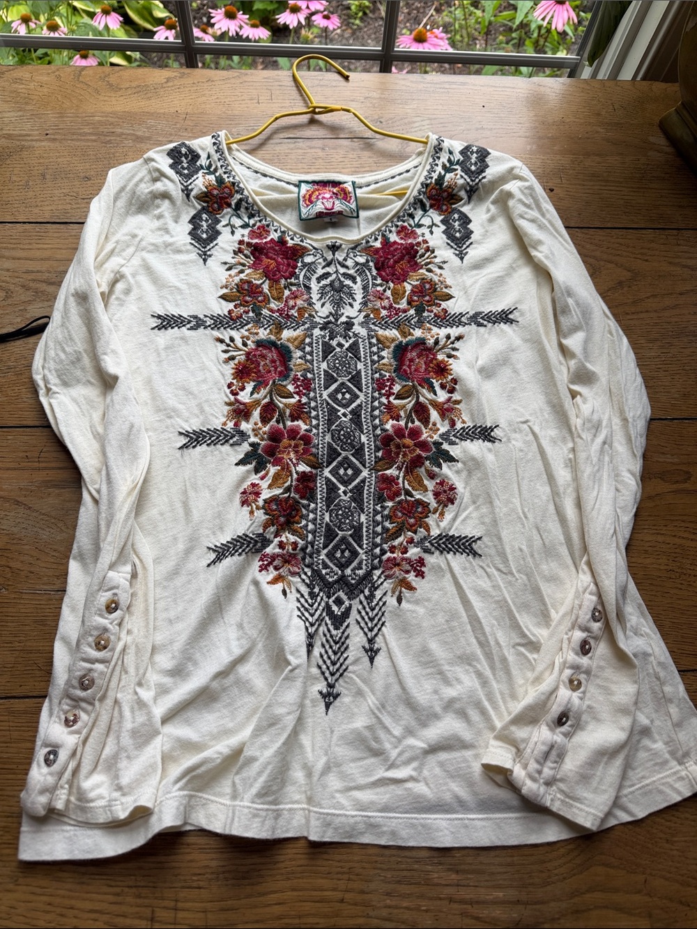 Johnny Was Ivory Long-Sleeve Top with Red Floral Embroidery